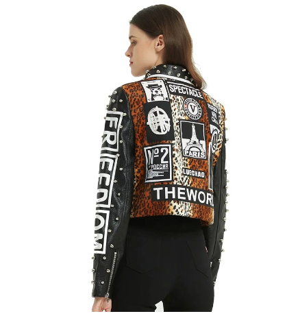 Leopard Leather Jacket Zip Up Moto Biker Black